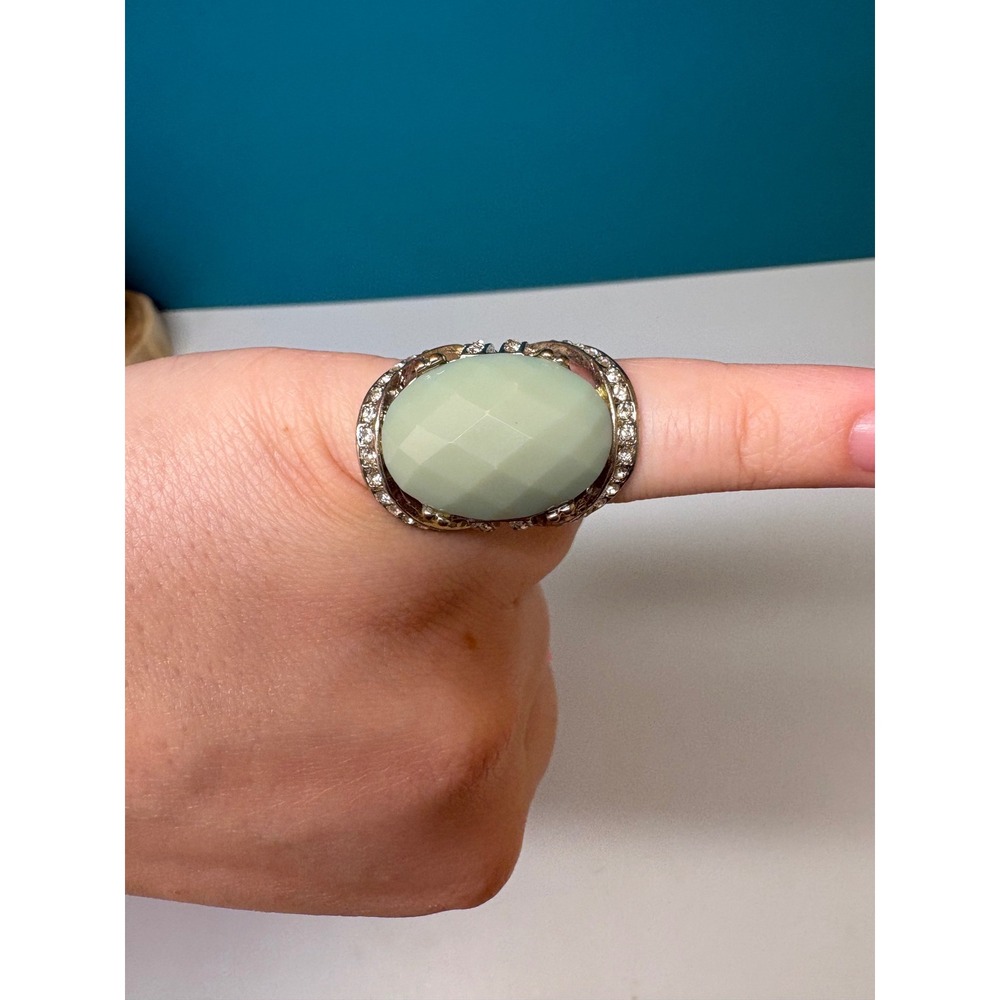 Silver Tone Sage Green Faux Stone Rhinestone Statement Cocktail Ring Size 7